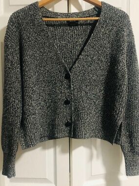 Massimo Dutti Marled Knit Crop Cardigan Womens Sweater  Black White Cotton XS